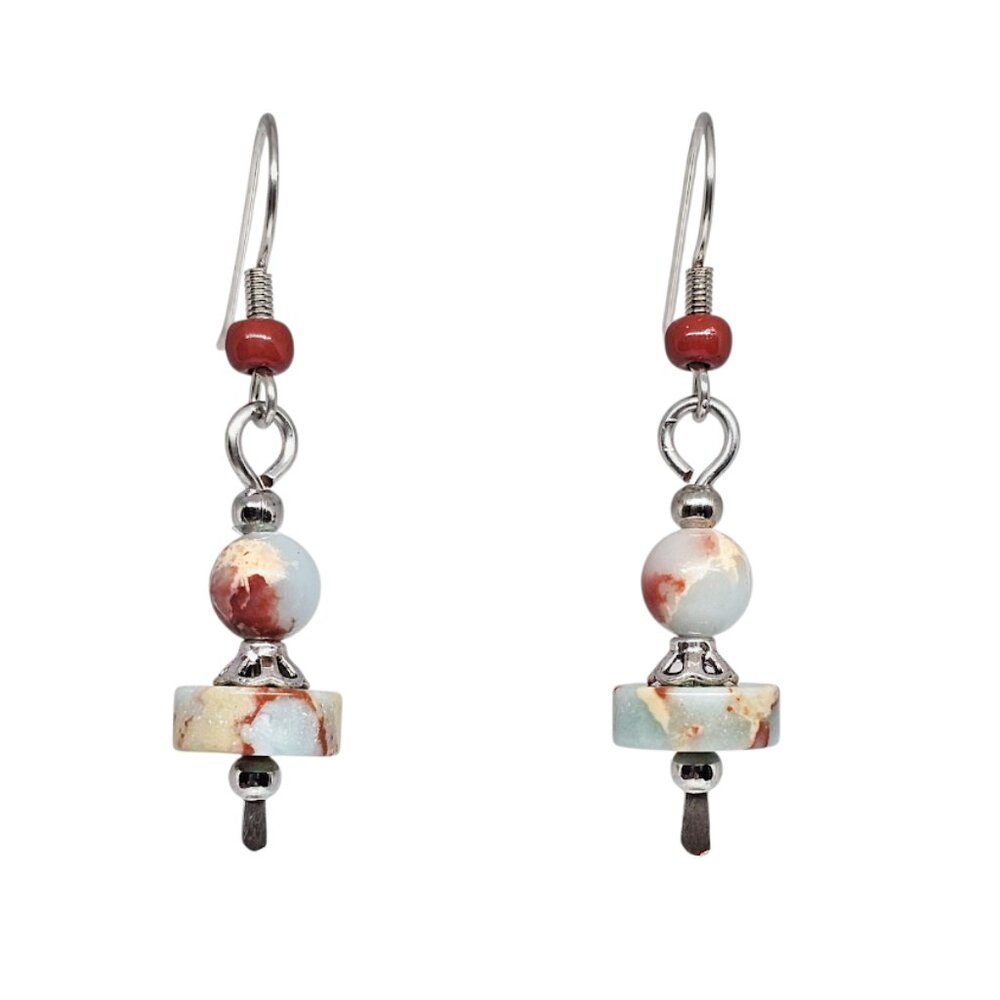 Handmade Aqua Blue Sea Sediment Jasper Earrings Silver Tone Boho Dangle Drop